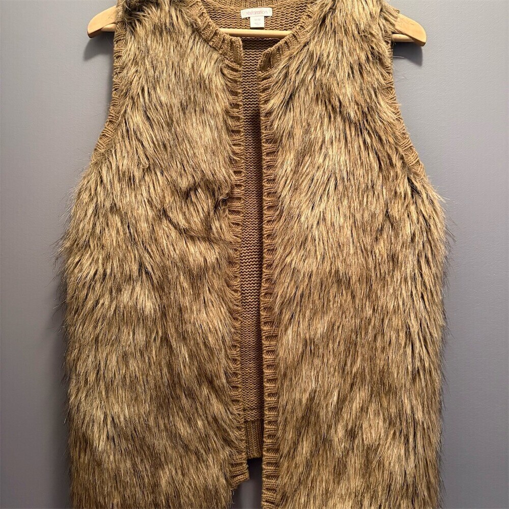Xhilaration Sweater Vest Womens Size M Brown Faux Fur Open Front Knit